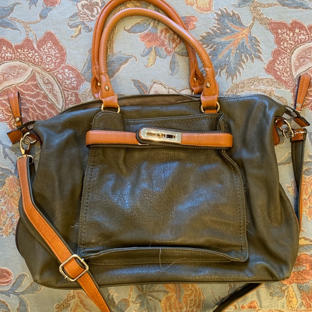 Olive green with saddle brown bag.
